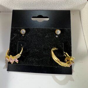Gold-Tone Hoop Earrings & Stud Set With Rhinestones & Pink Accents
